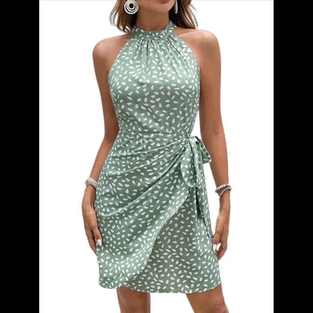Vestido de Verano para Mujer, Estampado de Lunares, Cuello Halter, Cintura Anudada, Informal, con Cremallera en la Espalda, para Vacaciones y Playa. Verde L