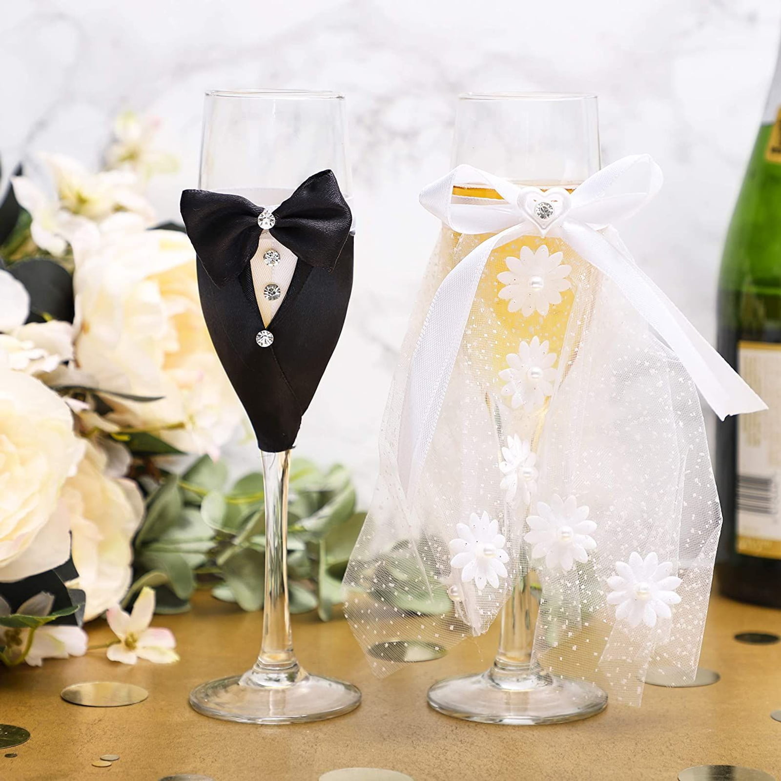 Wedding Bride and Groom Toasting Champagne Glasses Mr & Mrs PINK WHITE GREY 