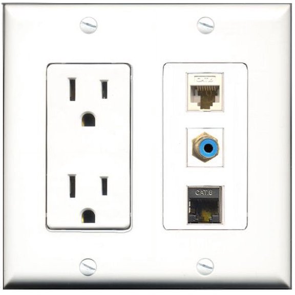 RiteAV - 15 Amp Power Outlet 1 Port RCA Blue 1 Port Shielded Cat6 Ethernet Ethernet 1 Port Cat6 Ethernet Ethernet White Decorative Wall Plate