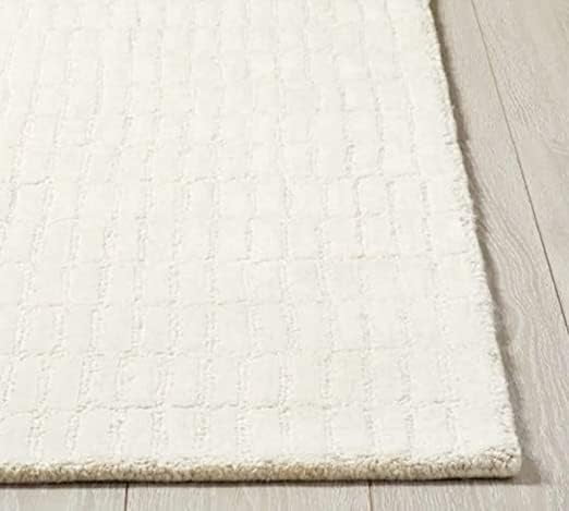 Handmade Capitola Space-Dyed Wool Area Rug with Cotton Backing, Modern Grid Design, Ivory, 5x8, for Living Room, Bedroom, Dining Room, Office