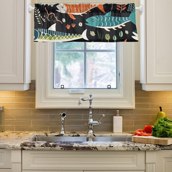 Fish Leaves Green Curtain Valances Farmhouse Design Window Treatment Decor Blackout Rod Pocket for Windows Living Room Kitchen 54" x 18"