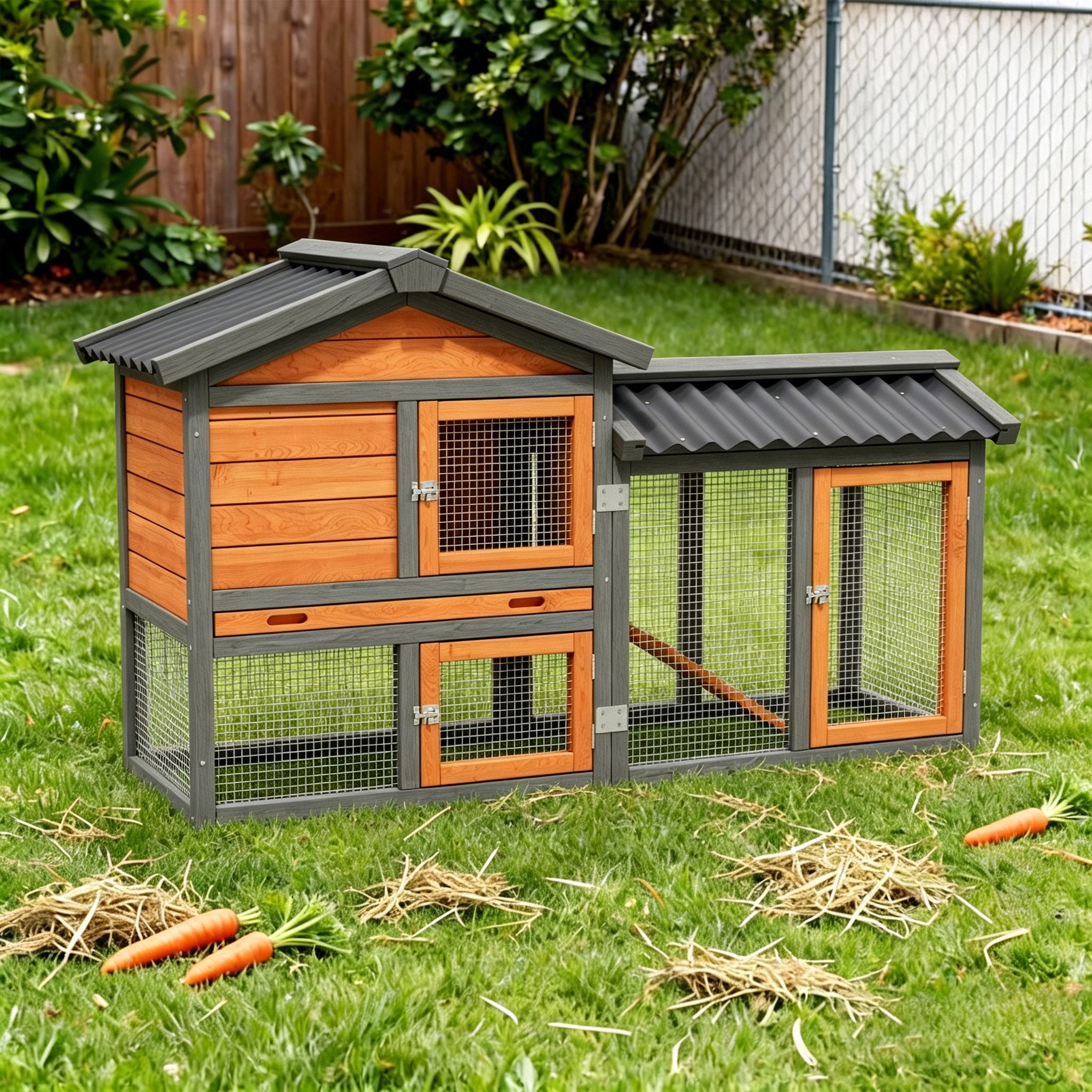 Outdoor Wooden Rabbit Hutch with Run ,Weatherproof Bunny Cage with Predator resistant Wire Mesh,Orange with Black