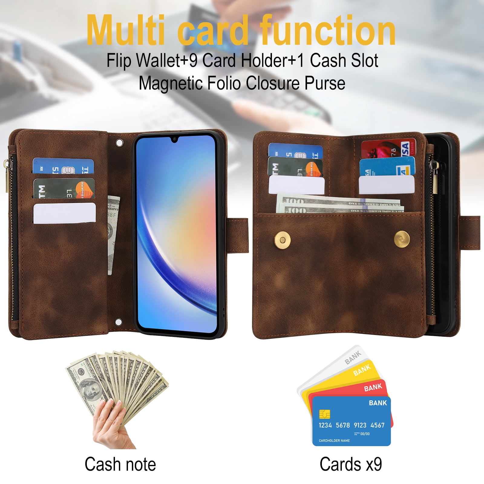 for Samsung Galaxy S24 FE Wallet Case with Card Holder for Women Men, Phone Case RFID Blocking PU Leather Flip Shockproof Cover with Shoulder + Wrist Strap Zipper Credit Card Slots Stand, Brown