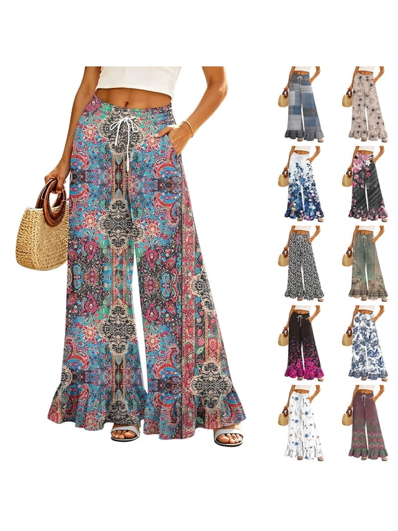 Boho Print Palazzo Pants for Women, High Waist Drawstring Wide Leg Trousers - Summer Flowy Ruffle Hem Lounge Bottoms Gray M