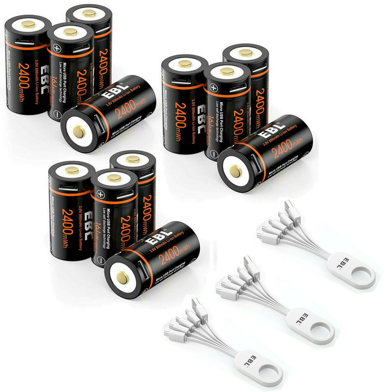 EBL 12-Pack 3V 16340 CR123A Rechargeable Li-Ion Battery for Arlo Camera  with USB Charging Cable