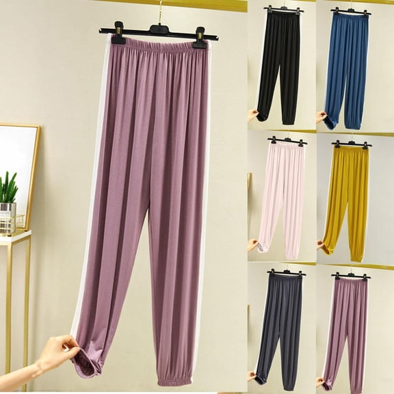 Asxite Womens Pajamas Solid Casual Loose Home Elastic Waist Cinched Cuff Sleep Long Pants