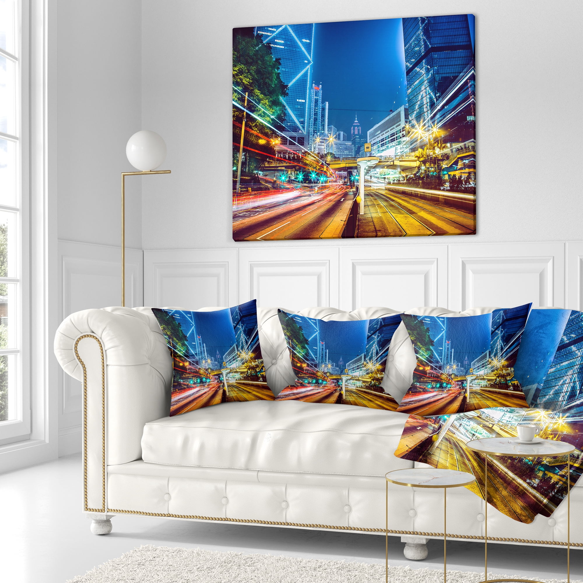 Designart Hong Kong City Night Scene - Cityscape Art Throw Pillow - 16x16