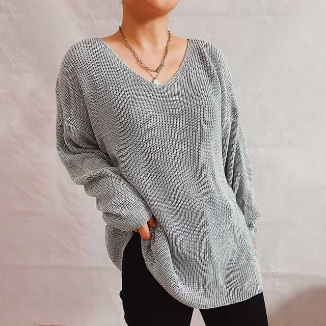 RXIRUCGD Chandail Ample pour Femmes Couleur Unie Col en V, Gris, Taille : S