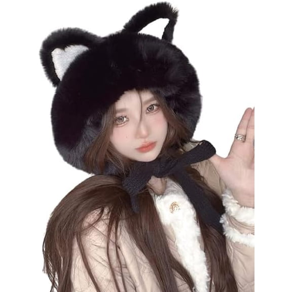 Winter Cute Faux Fur Beanie Hat Women Cat Ear Furry Bucket Hat Cover with Earflap Pompom Russian Warm Plush Trapper Hat