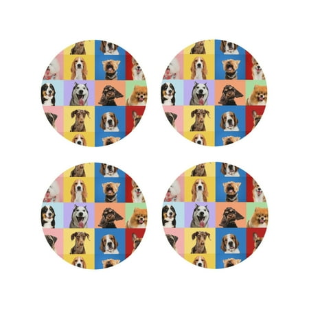 

Qokaie funny dogs Pattern Drink Coasters 4 Leather Bar Beer Beverage Coasters for Drinks Set of 4 Drink Mats for Wooden Table Coffee Table Absorbent-Round Shape