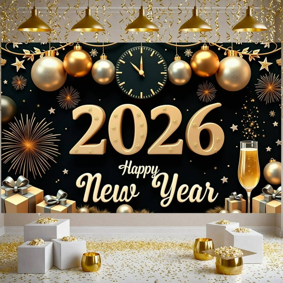 Gold Silver Theme Happy New Year Banner Festive Style 2026 New Year Display Decorative Ornaments Clock New Year Backdrop for New Year Party Holiday Celebration Indoor Decoration