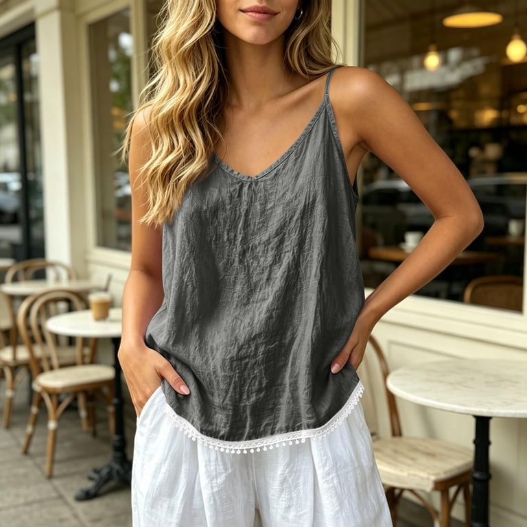 Uootdi Womens Floral Embroidered Trim Camisole Tops Spaghetti