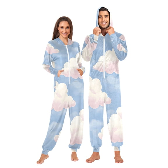 Blue Sky and White Clouds Adult onesie Pajamas, Crystal Velvet Ultra Soft Warm Jumpsuit for Men and Women