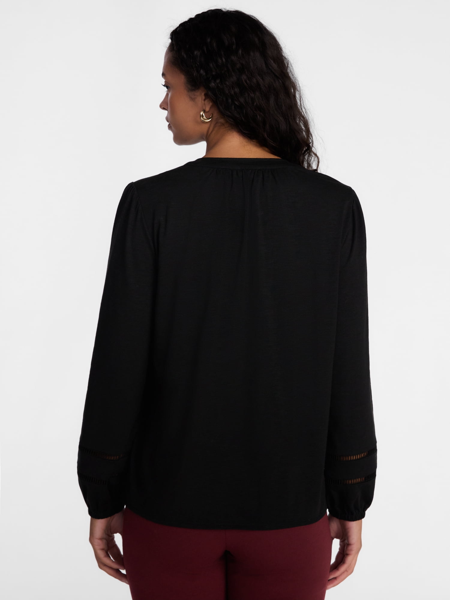 Scenario Women's Slub Knit Split Neck Top with Long Sleeves, Sizes XS-XXXL