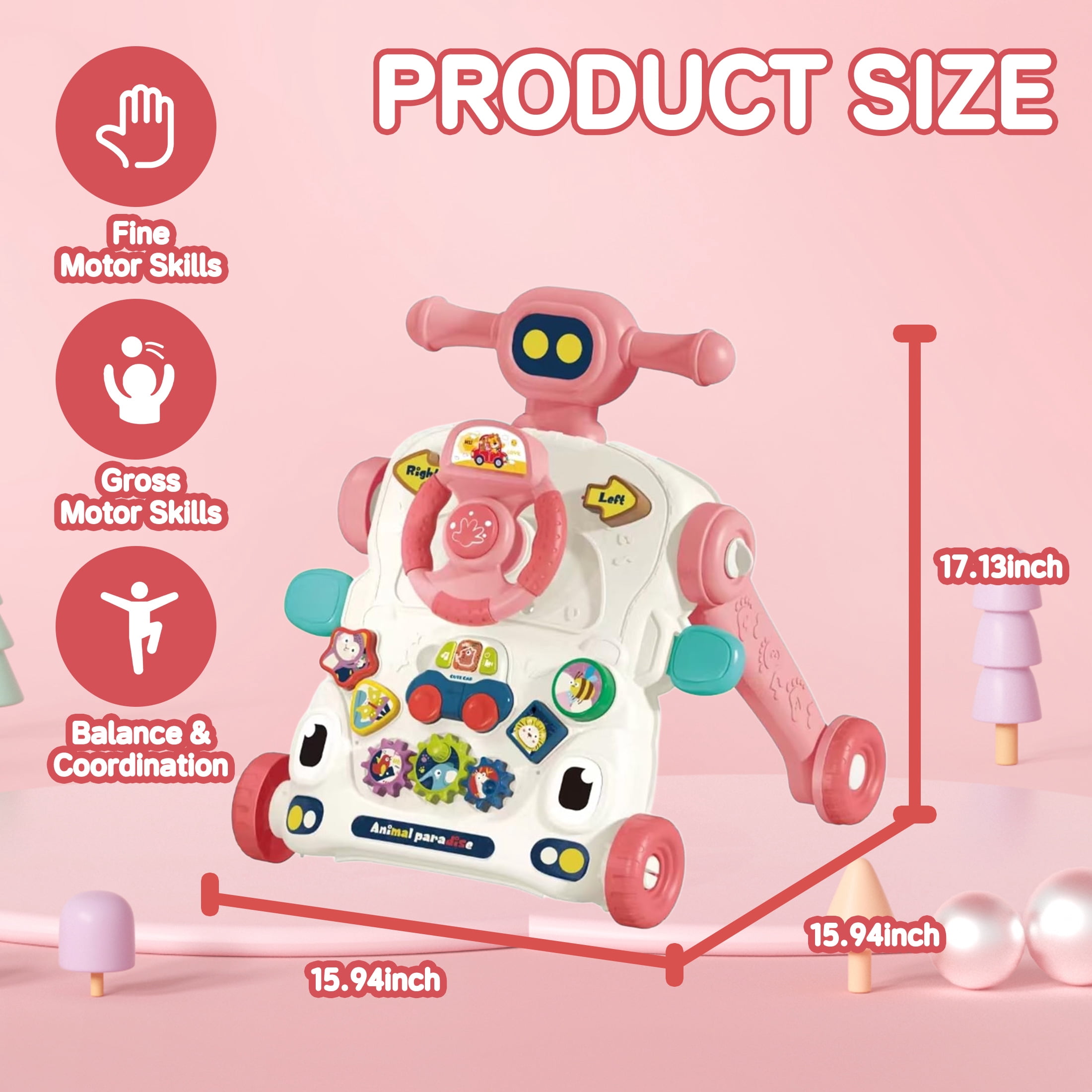 KOPPOP Baby Walker, 3-in-1 Activity Center and Learning Walker Sit-to-Stand Toy with Music & Lights, Foldable Push Toy for Infant Toddler 9+ Months, Pink