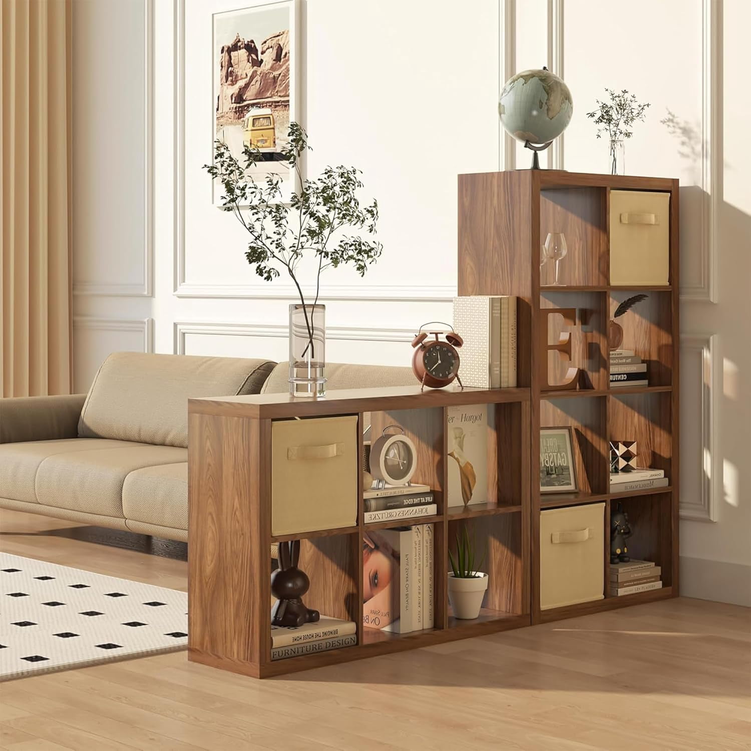 Bookshelf with Storage Bins, 16-Cube Storage Organizer with Back Panels, Modern Wood Open Bookcase, Multifunctional Display Shelf for Living Room, Bedroom, Home Office, Classic Oak