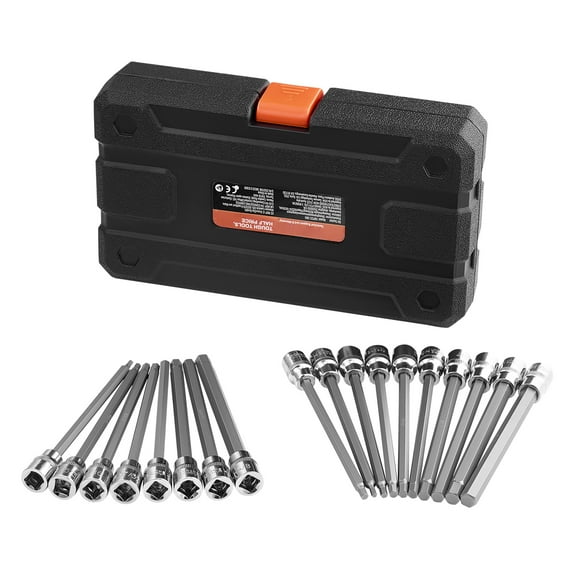 KFFKFF 18-Piece Extra Long Hex Bit Socket Set, 3/8 Inch Drive, Made of S2 Alloy Steel and Cr-V Steel, Includes SAE and Metric Sizes from 1/8-Inch to 3/8-Inch and 3-12mm