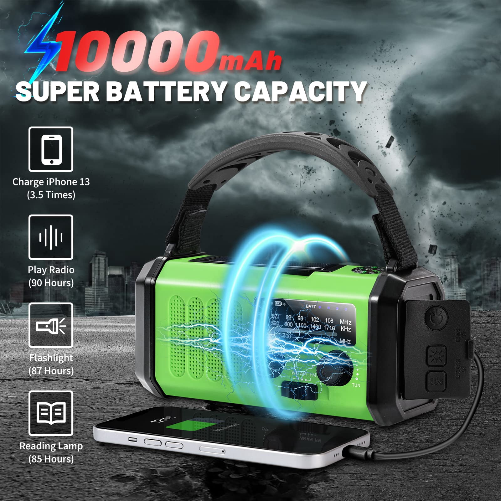 Emergency Hand Crank Radio With 10000mah/37000mwh Backup  Am Fm Noaa Weather Type-c Charge Solar Sos 3 Modes Led Flashlight Reading Lamp Compass For Outdoor