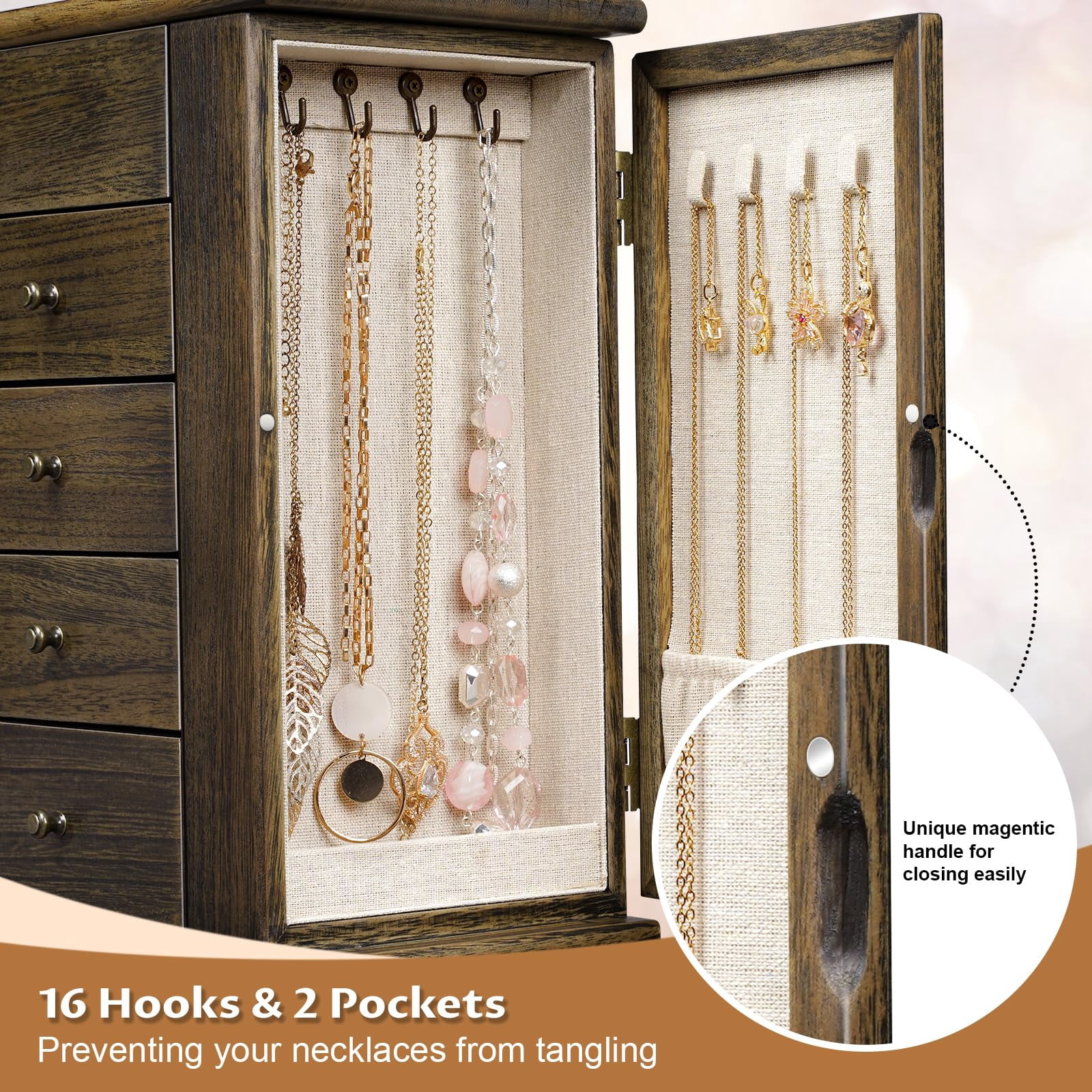 Jewelry Box for Women, 5 Layer Large Wood Boxes & Organizers for Necklaces Earrings Rings Bracelets, Rustic Organizer with Drawers and Mirror, Light Taupe