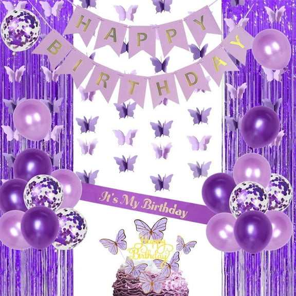 Purple Birthday Decoration Set, Butterfly Birthday Decorations for Girls Women,Purple Happy Birthday Banner Cake Topper It's My Birthday Sash Butterfly Themed Birthday Party Supplies
