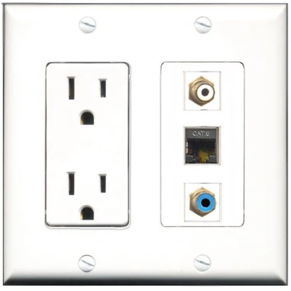 RiteAV - 15 Amp Power Outlet 1 Port RCA White 1 Port RCA Blue 1 Port Shielded Cat6 Ethernet Ethernet Decorative Wall Plate