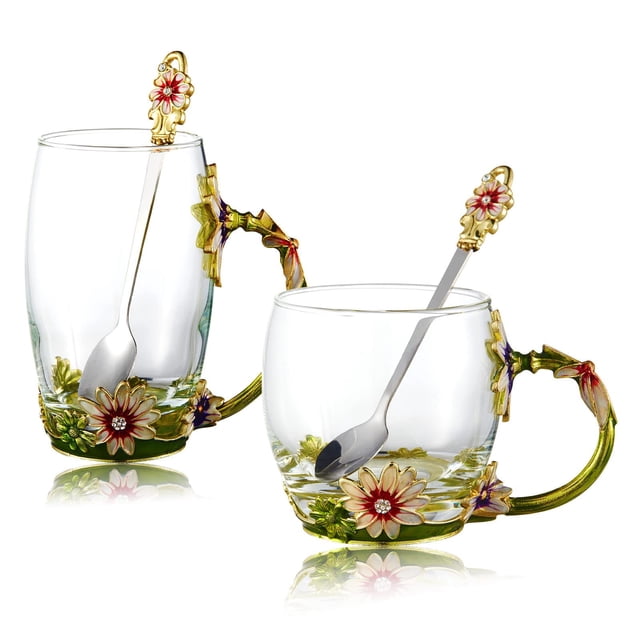 Juego de tazas de té DUMVOIN de cristal con forma de rosa esmaltada con cuchara, 2 unidades