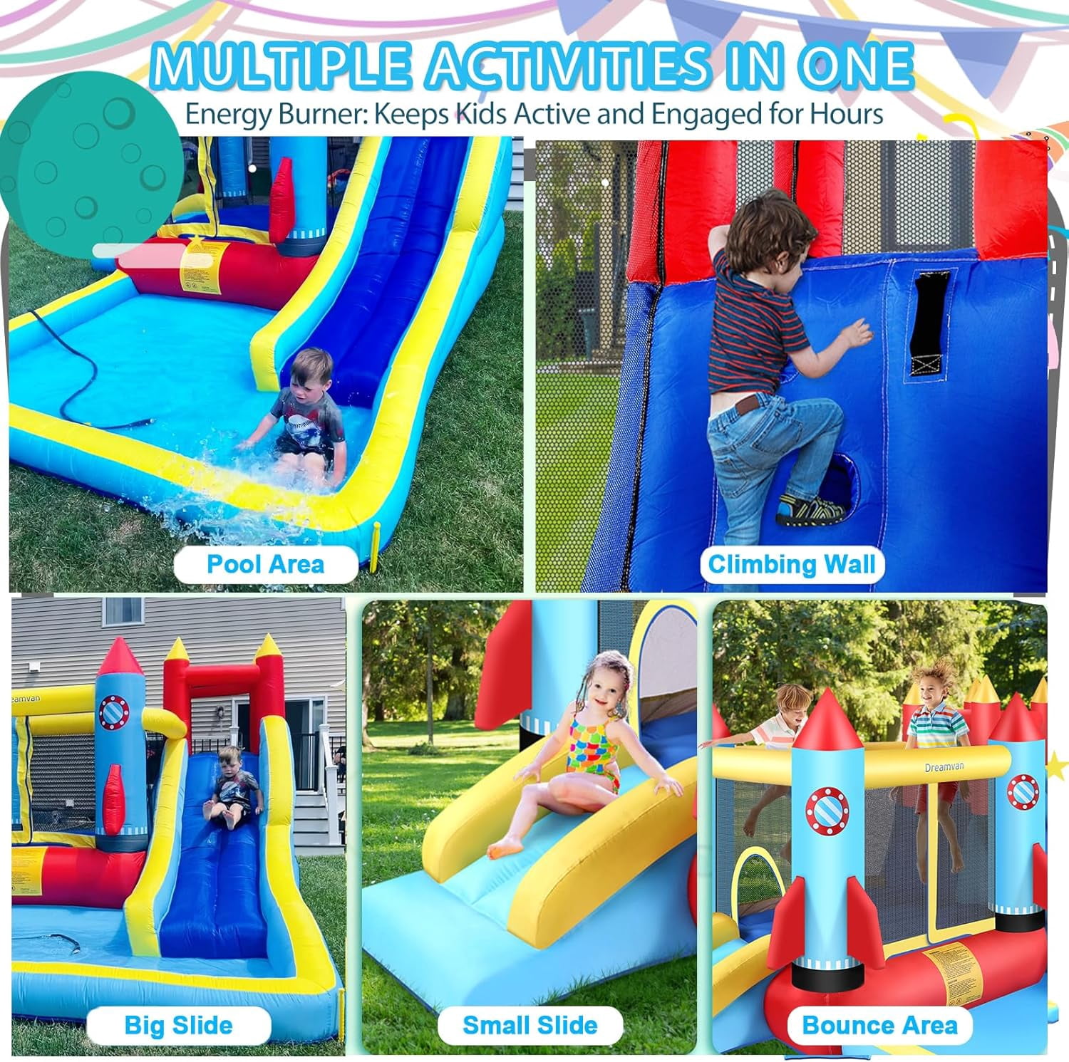 Veeboto Bounce House with Blower, Inflatable Water Slide with Climbing Wall, Pool/Ball Pit, Double Slide and Bouncing Area, 5-in-1 Indoor/Outdoor Bouncy Castle for both Dry and Wet, Durable PVC