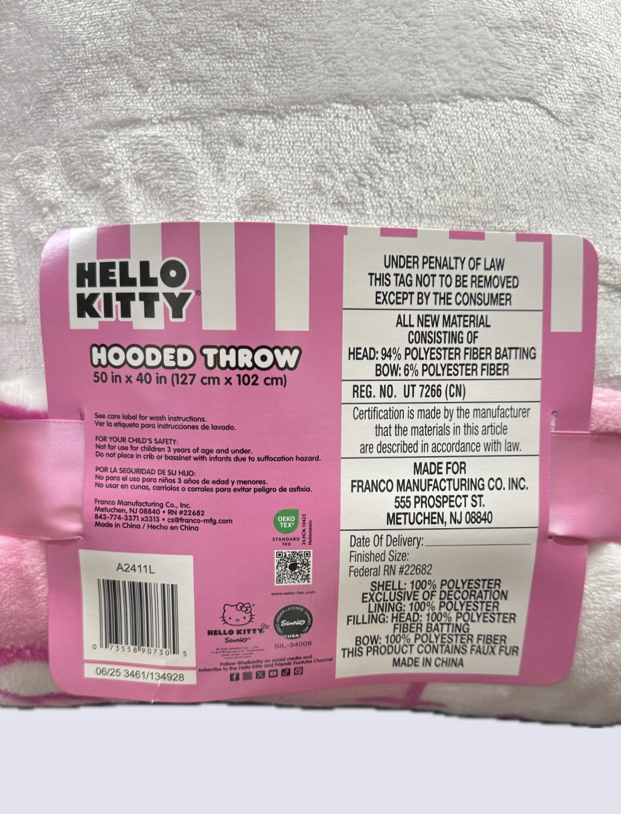 Kids’ Plush Hooded Throw with Faux Fur Lining, 40" x 50" (Hello Kitty)