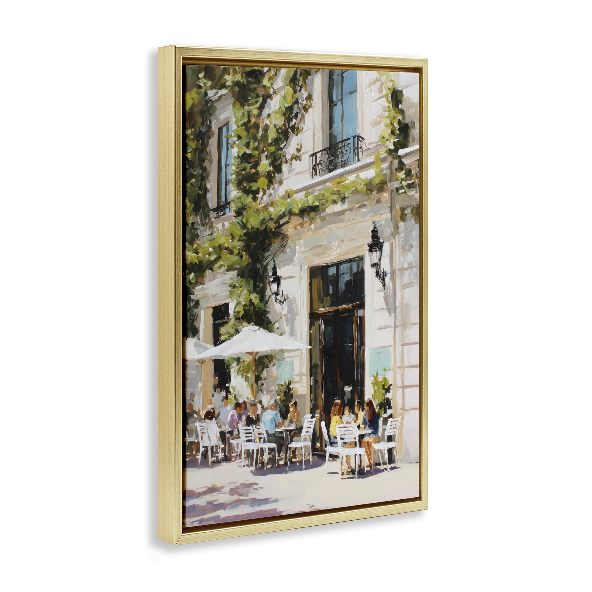 Stupell Industries Streetside Cafe Terrace with Ivy Gold Framed Floater Canvas Wall Art, design by Petal Prints Design