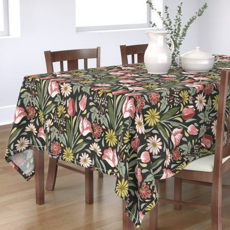 

Cotton Sateen Tablecloth 90 Square - Pink Tulip Daisy Botanical Dusky Rose Yellow Sage Olive Black Floral Large Scale Print Custom Table Linens by Spoonflower