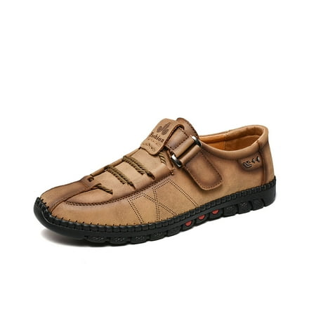 Mens Casual Leather Shoes Fashion Sneakers Lightweight Non-slip Loafers Outdoor Breathable Hiking Shoes Yellow 6.5 US