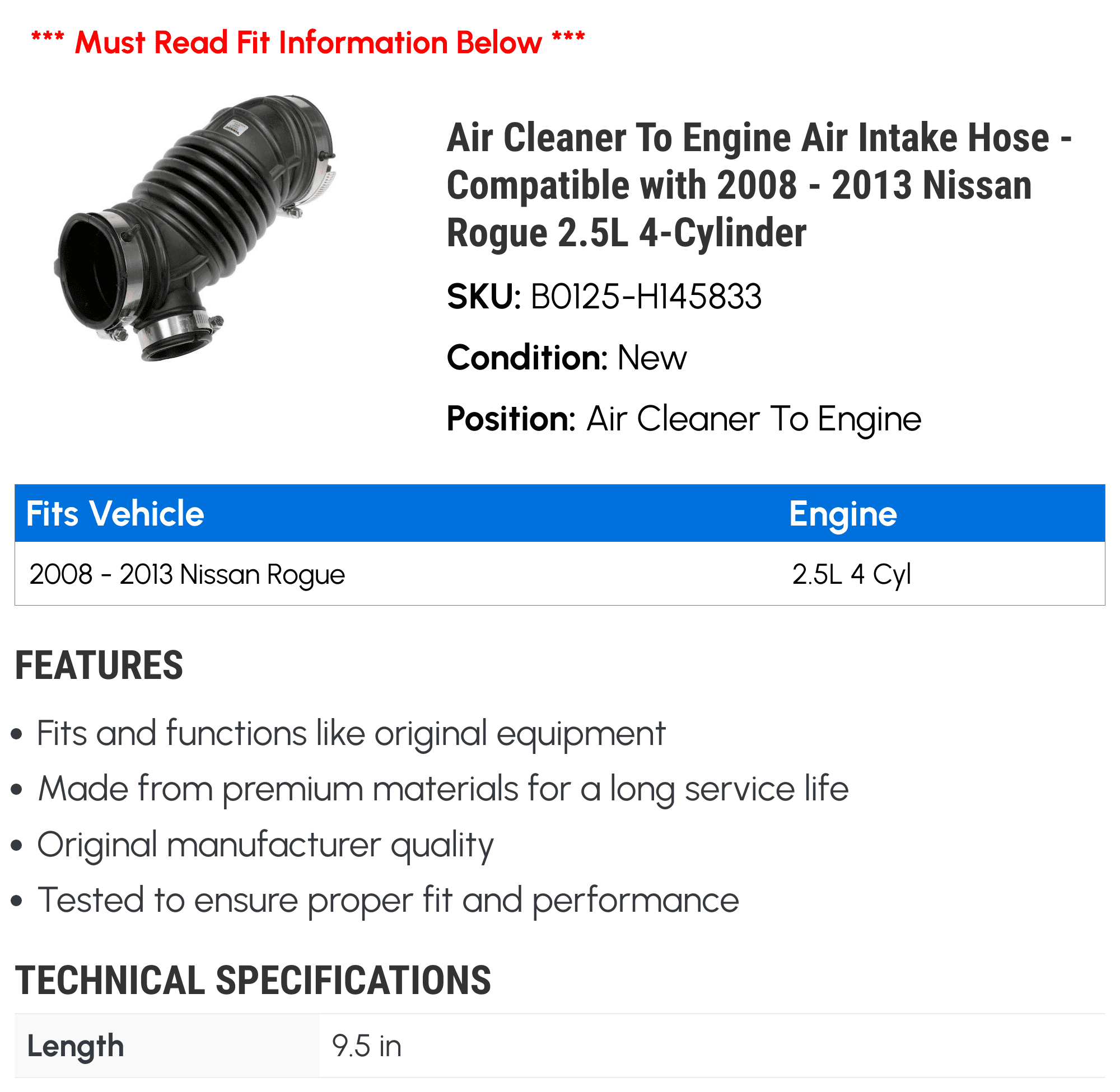 Air Cleaner To Engine Air Intake Hose - Compatible with 2008 - 2013 Nissan Rogue 2.5L 4-Cylinder - Dorman