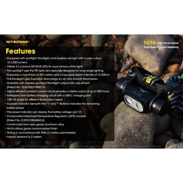NITECORE HC68 Dual Beam E-focus Headlamp – 2000 Lumens With NL1835 Battery