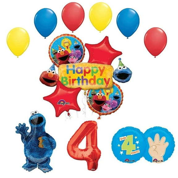 Cookie Monster Sesame Street Elmo 4th Happy Birthday Party Supplies and Balloon Bouquet Decorations