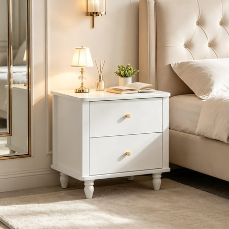 AUU Modern 2-Drawer White Wooden Nightstand with Round Knobs – Compact Bedside End Table for Bedroom Living Room or Small Space Easy Assembly