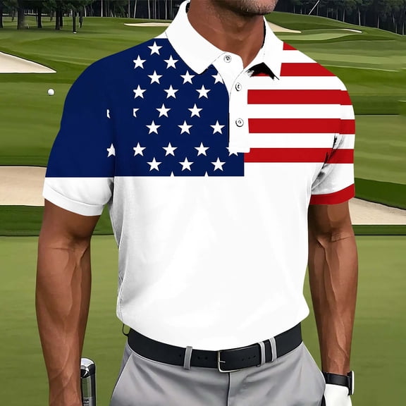 COSFO Golf Polo T Shirts for Men Performance Independence Day Short Sleeve Graphic Tees Collared Slim Fit Pullover Moisture Wicking Patriotic Tops
