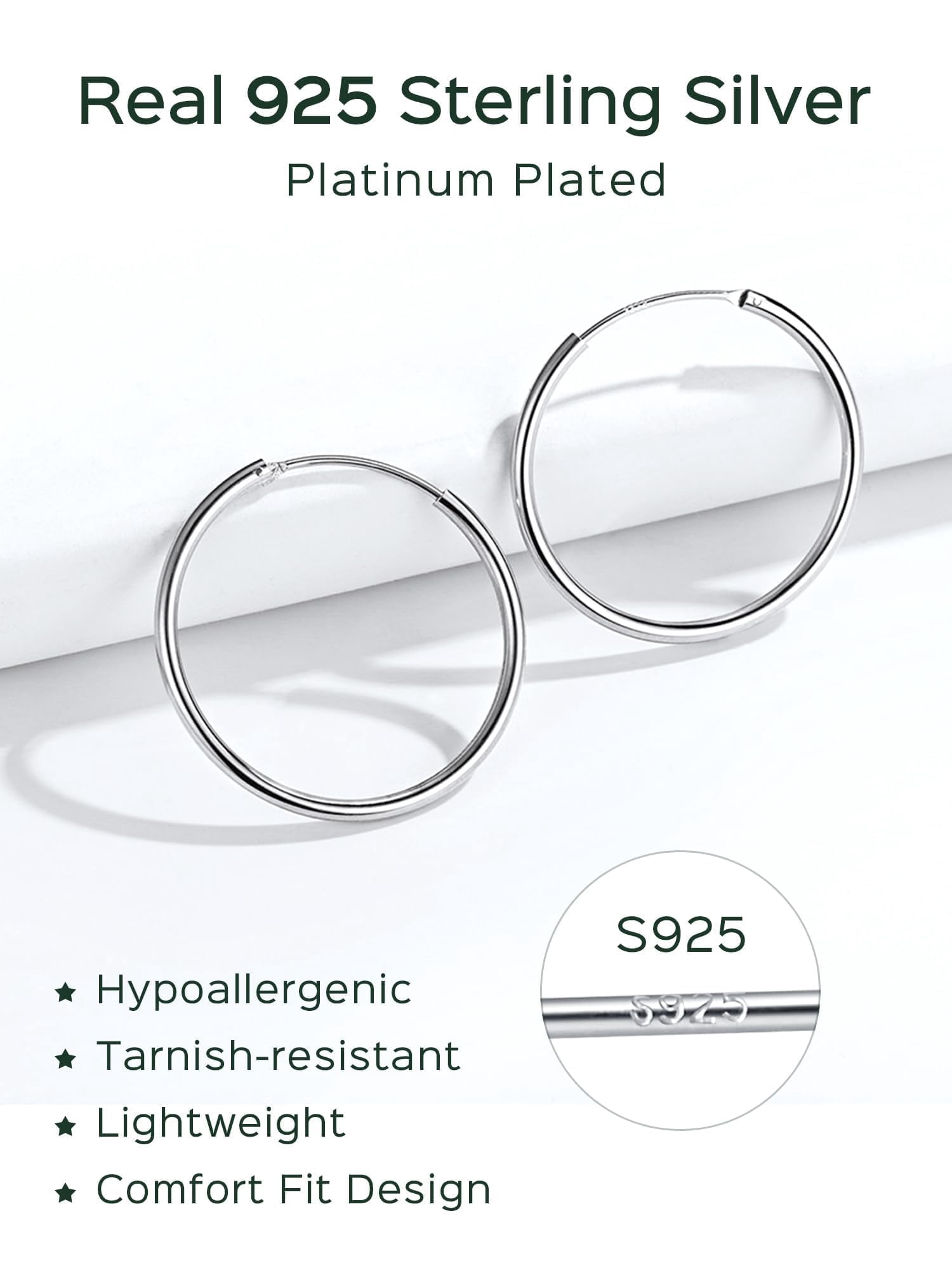 ChicSilver Sterling Silver Hoop Earrings for Women Hypoallergenic 30MM Small Silver Hoop Earrings Endless Hoop Earring