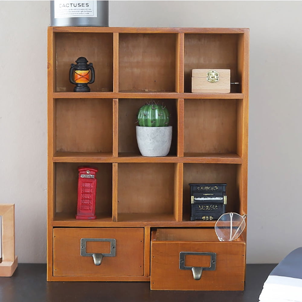 9-Cube Wooden Display Shelf With 2 Drawers Desktop Storage Organizer Brown