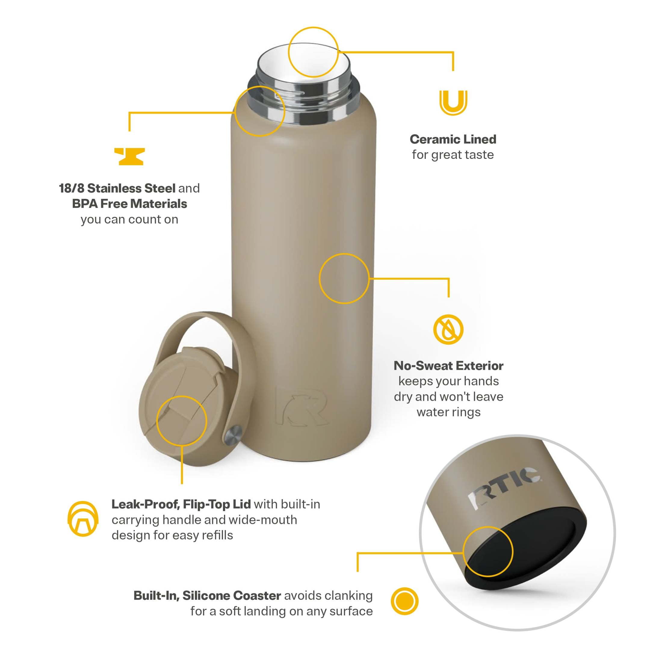RTIC 40 oz Ceramic Lined Insulated Outback Water Bottle, Leak Resistant, Beach