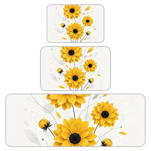 RKSupls Kitchen Rug Set 3 Piece Anti-Slip Flannel Floor Mats, Yellow Flowers-2 Washable Absorbent Runner Mats for Kitchen Bathroom Home Decor