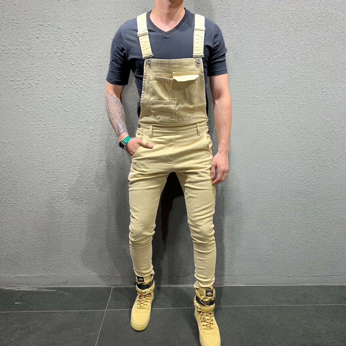 Mens Dungarees Denim Overalls Rompers Jeans Pants Ripped Jumpsuit Loose Trousers 