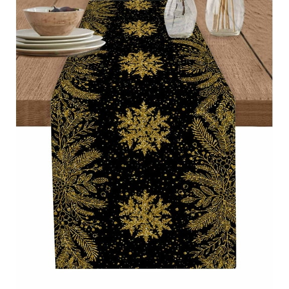 Table Runners 70 Inches Long Dress Scarves, Christmas Snowflakes Farmhouse Coffee/Dining/Kitchen Table Decor, Holiday Table Runner, Winter Xmas Pine Leaf Yellow Black 13x70 Inch
