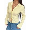 thumbnail image 3 of Camisa Corta A Rayas con Botones y Larga Ajustada para Mujer, Blusa de Trabajo Amarillo M, 3 of 10