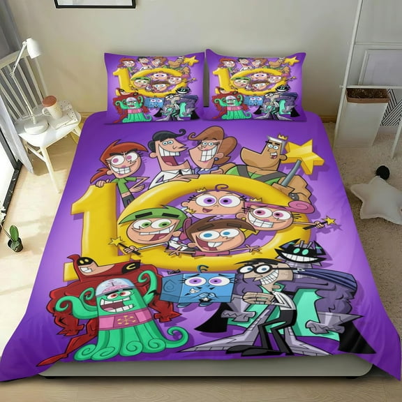 The Fairly OddParents Themed Bed Sheet Set Three Piece Set 53x79 In ches Comfortable And Skin Friendly Unique Design Creating A Star Studded Night Home Decor Gifts For Family Friends fans