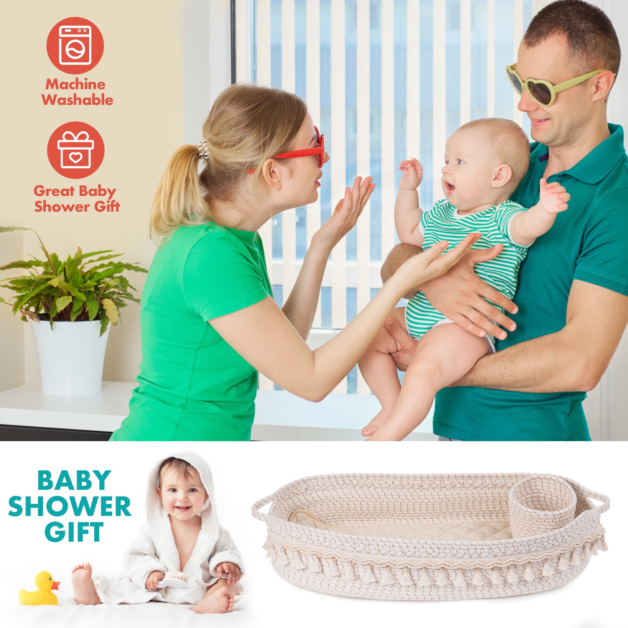  UBBCARE Baby Changing Basket, Cotton Rope Moses Basket for  Newborn, Foam Pad Changing Basket with Waterproof Cover, Unisex Changing  Table Topper for Dresser - Beige & Brown : Baby