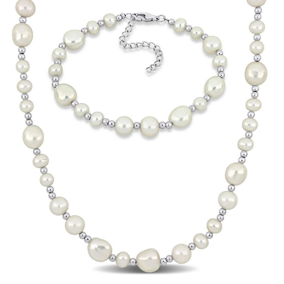 Everly Women's Cultured Pearl Bead Sterling Silver Necklace and Bracelet Set - 18 2 in & 7.5 2 in