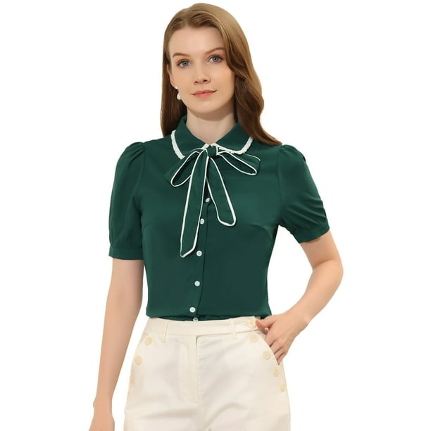 INSPIRE CHIC Blusa De Trabajo De Manga Corta Con Cuello Abullonado Y Cuello Peter Pan Para Mujer Verde oscuro M