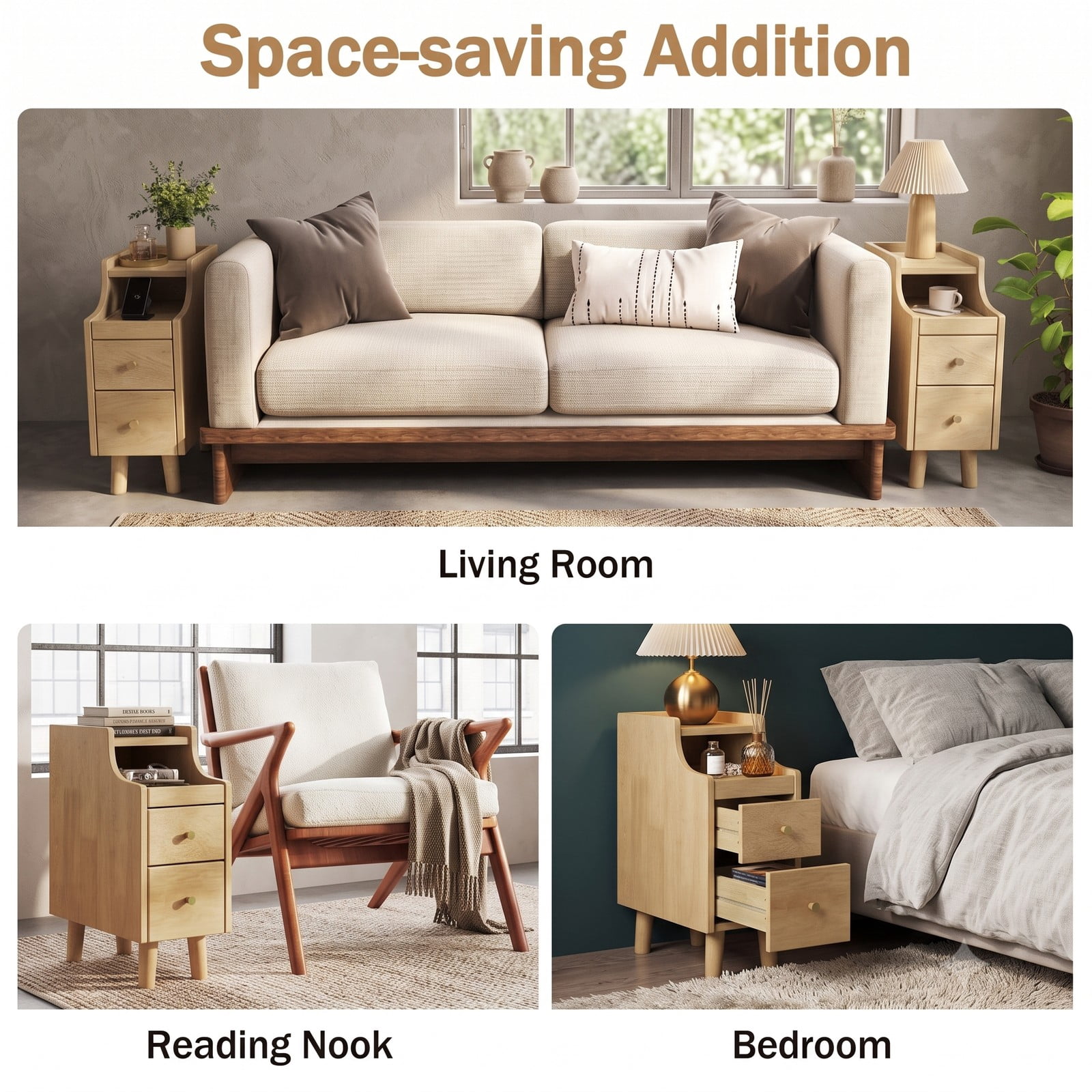 Furnibear Set of 2 Solid Rubber Wood Nightstands with Pull-out Tray and 2 Storage Drawers for Bedroom Living Room and Small Spaces, Natural