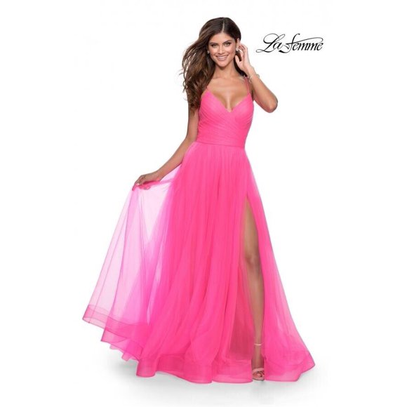 La Femme 28561 Robe Longue en Tulle Néon pour Femme Taille 8 Rose Néon