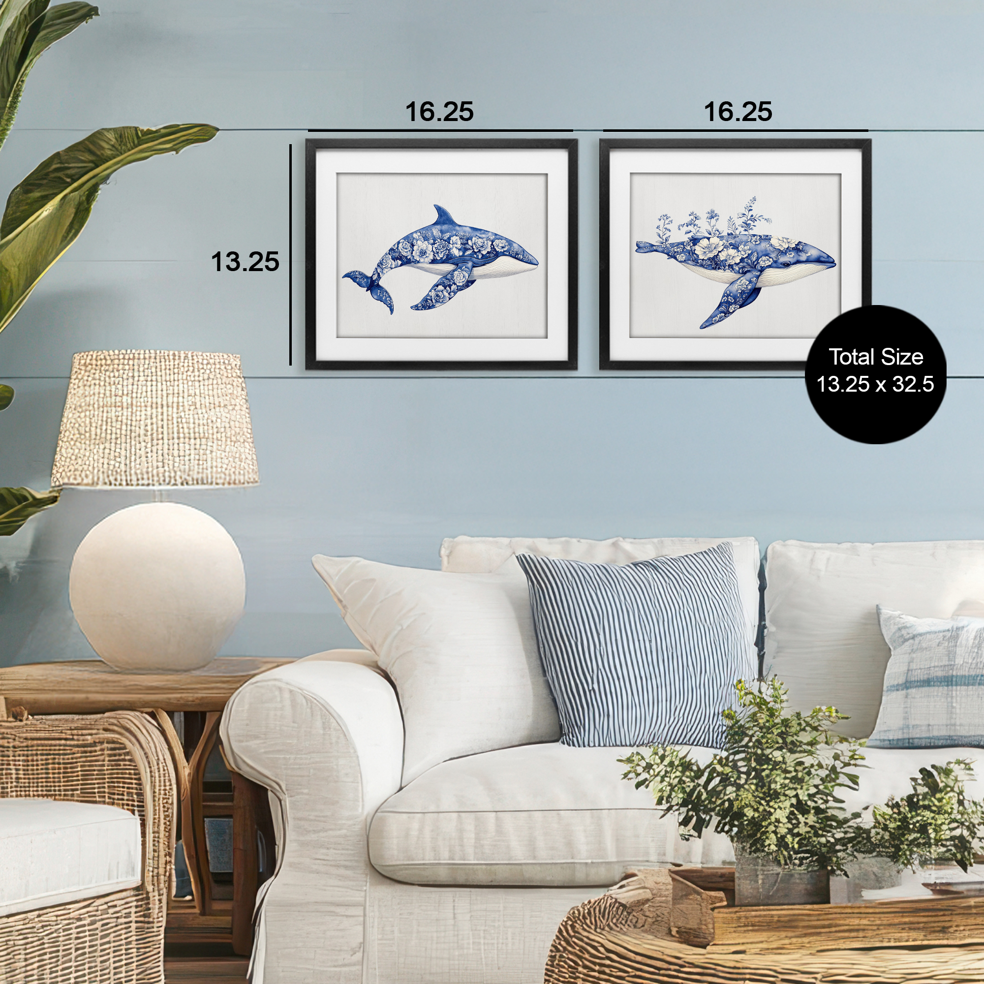 Blooming Toile Pattern Whales 2 Piece Black Framed Print Under Glass Set, design by Lettered and Lined